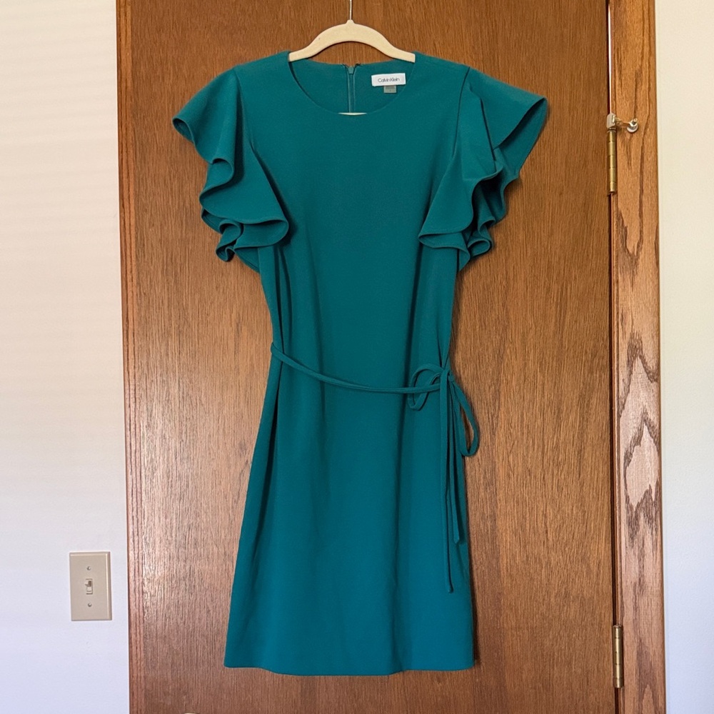 Calvin Klein Teal Flutter-Sleeve Belted Mini Dress